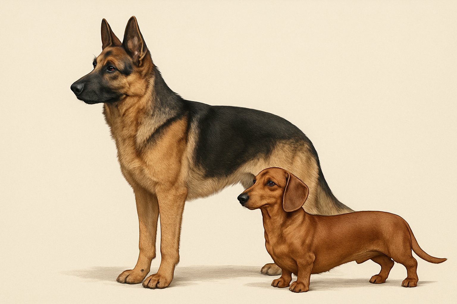 Side-by-side comparison of a German Shepherd and a Dachshund standing next to each other, showing their different sizes and body shapes.