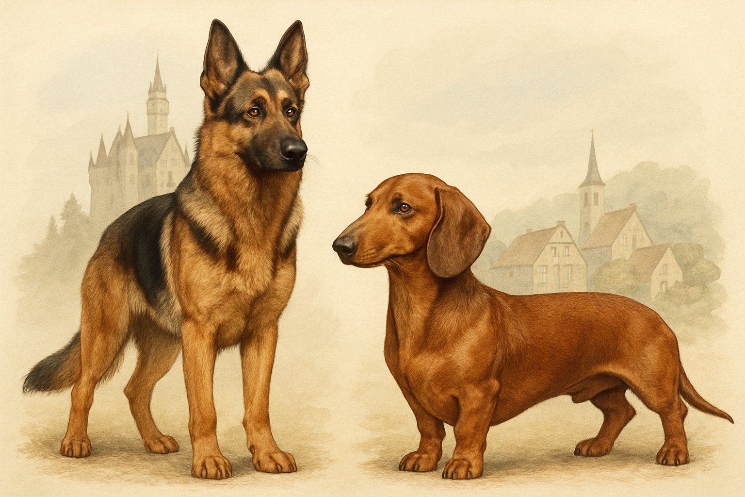 Two dogs standing side by side, a German Shepherd on the left and a Dachshund on the right, with a castle and village scene in the background.
