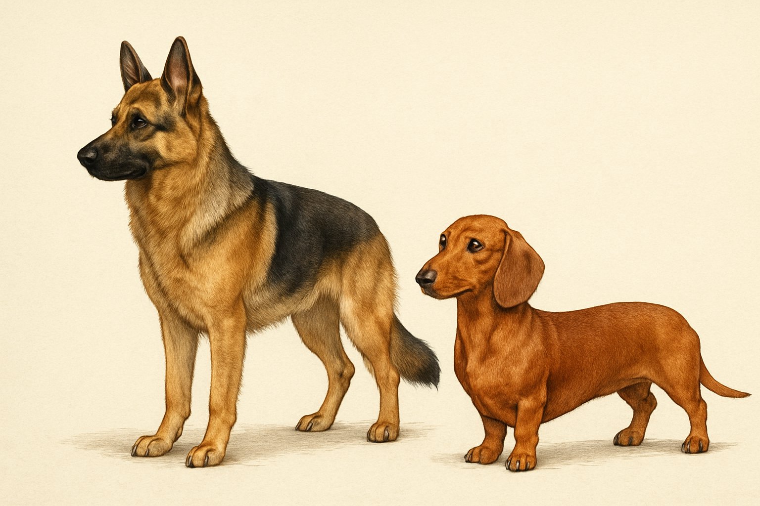 Side-by-side illustration of a German Shepherd and a Dachshund showing their different body shapes and sizes.