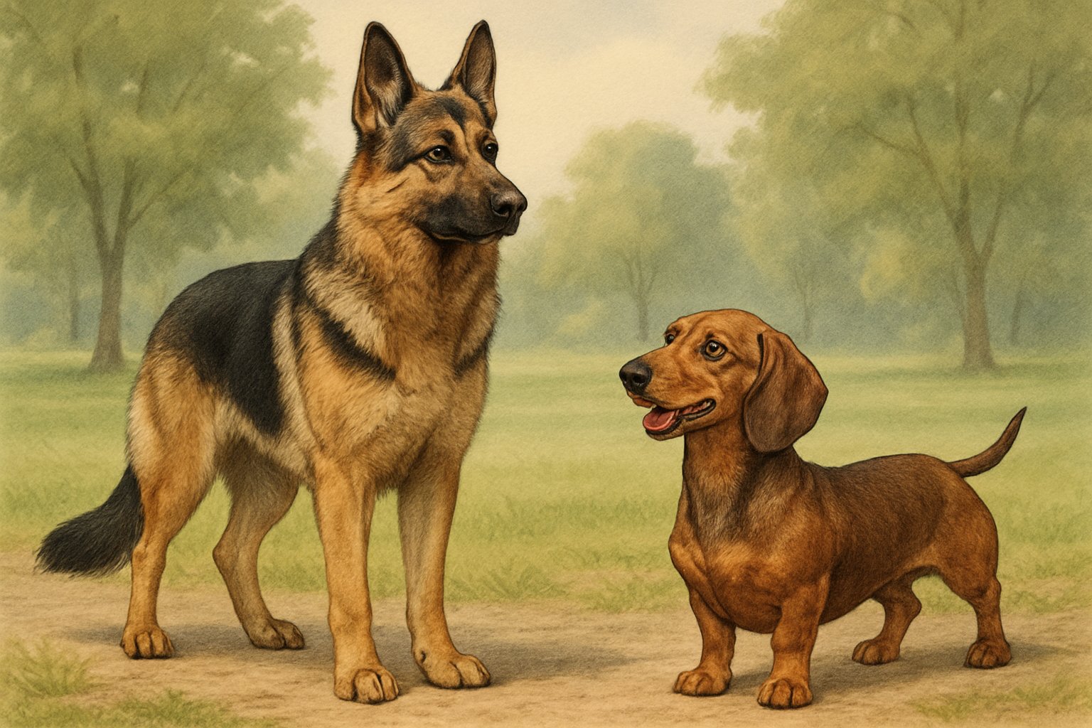 A German Shepherd and a Dachshund standing side by side outdoors, showing their different sizes and expressions.