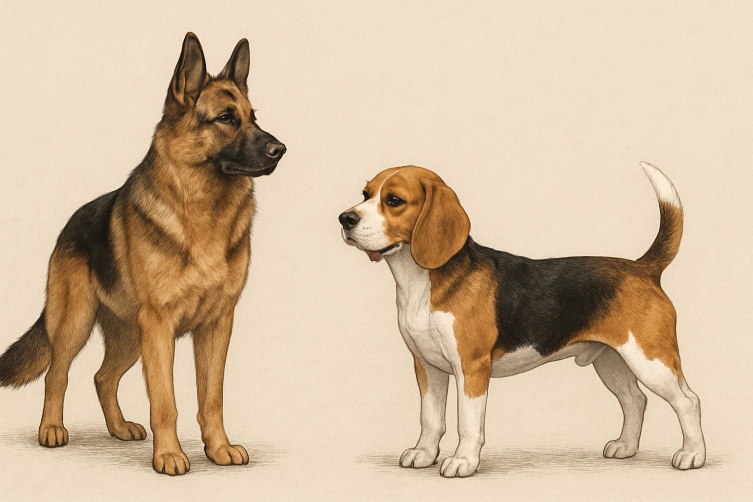 A German Shepherd and a Beagle standing side by side, showing their size and appearance differences.