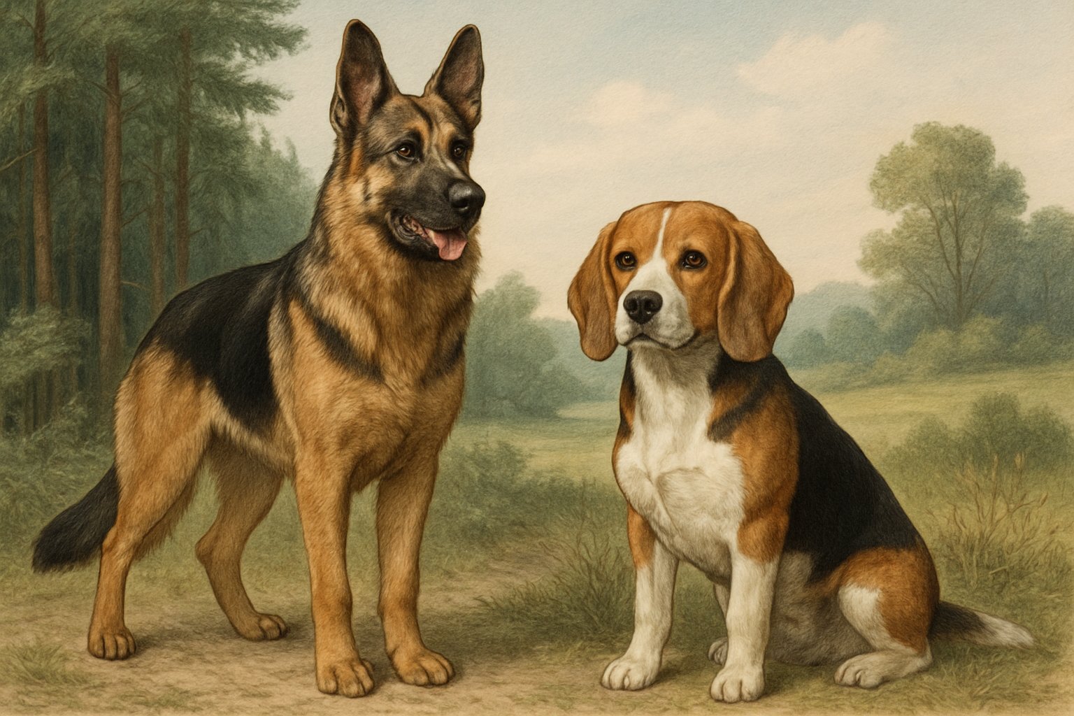 A German Shepherd and a Beagle standing together outdoors, showing their distinct appearances and features.
