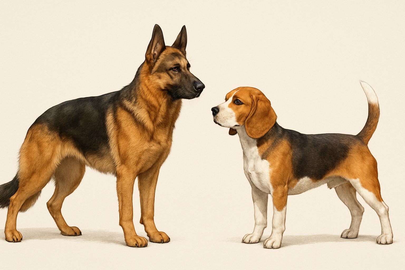 A German Shepherd and a Beagle standing side by side, showing their distinct sizes and physical features.