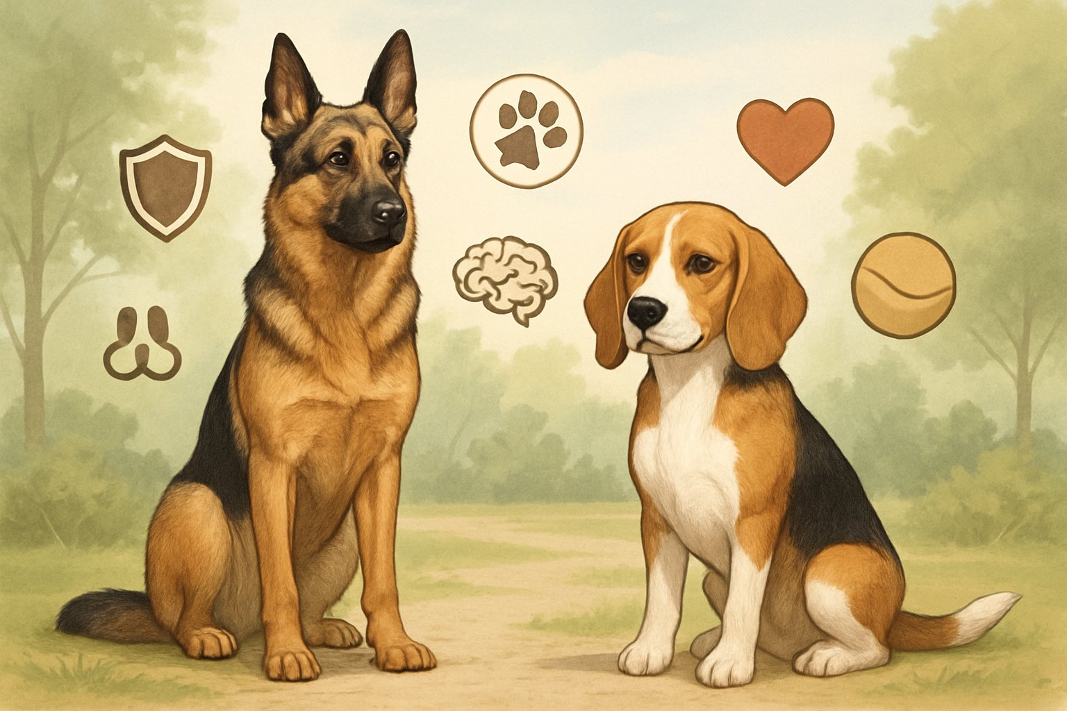 A German Shepherd and a Beagle are shown side by side outdoors, with the German Shepherd standing alert and the Beagle sitting nearby looking friendly and curious.
