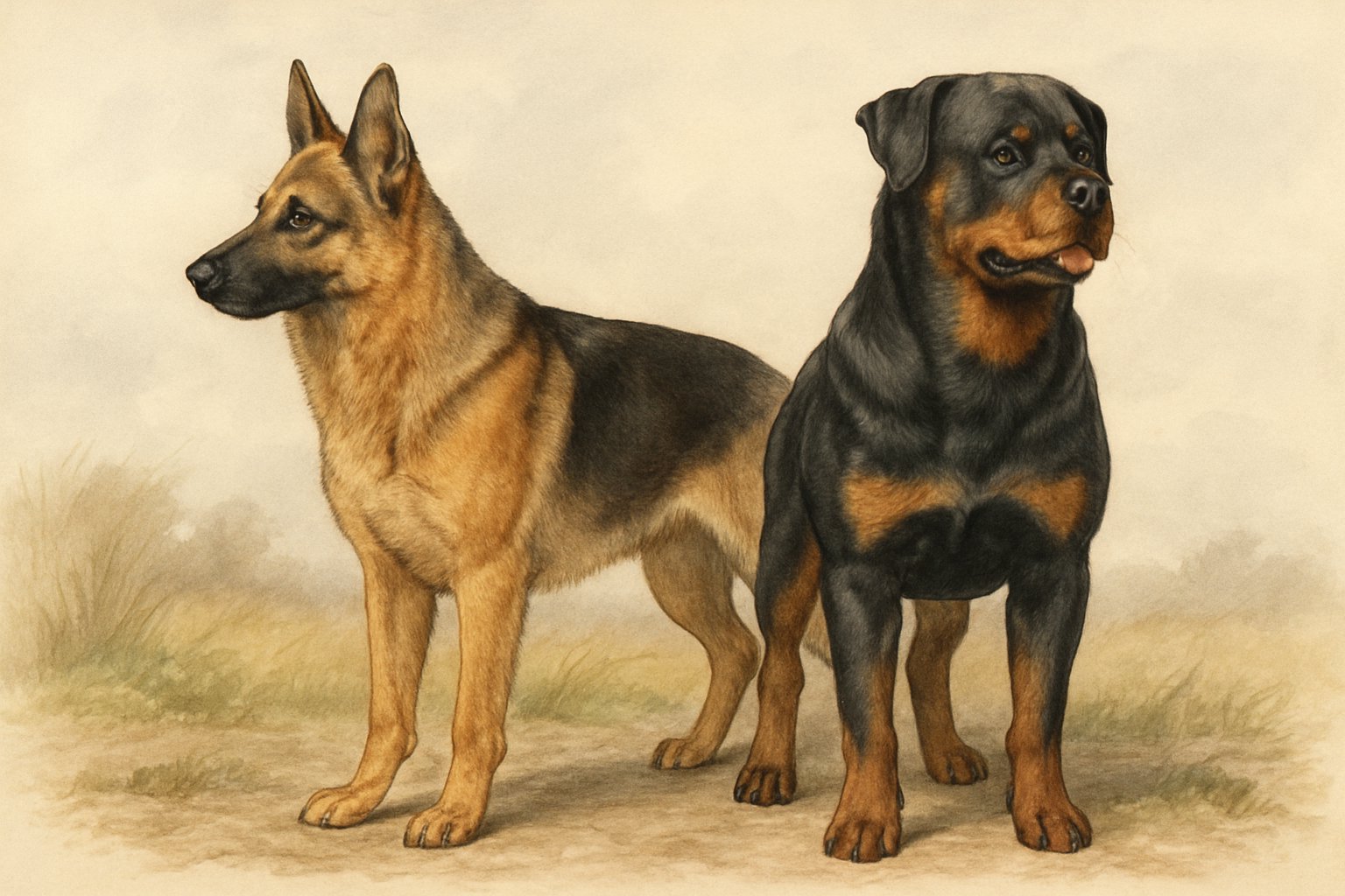 Side-by-side image of a German Shepherd and a Rottweiler standing outdoors, showing their different sizes and coat colors.