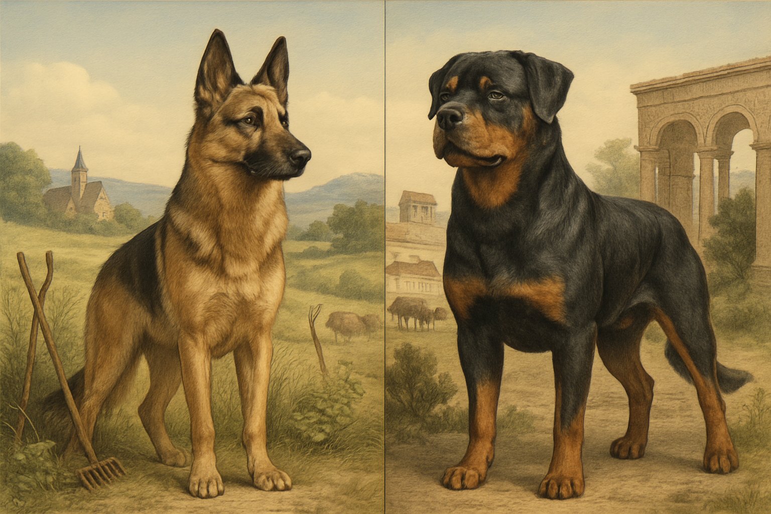 A German Shepherd and a Rottweiler standing side by side outdoors with backgrounds representing their breed origins, showing their distinct appearances and postures.