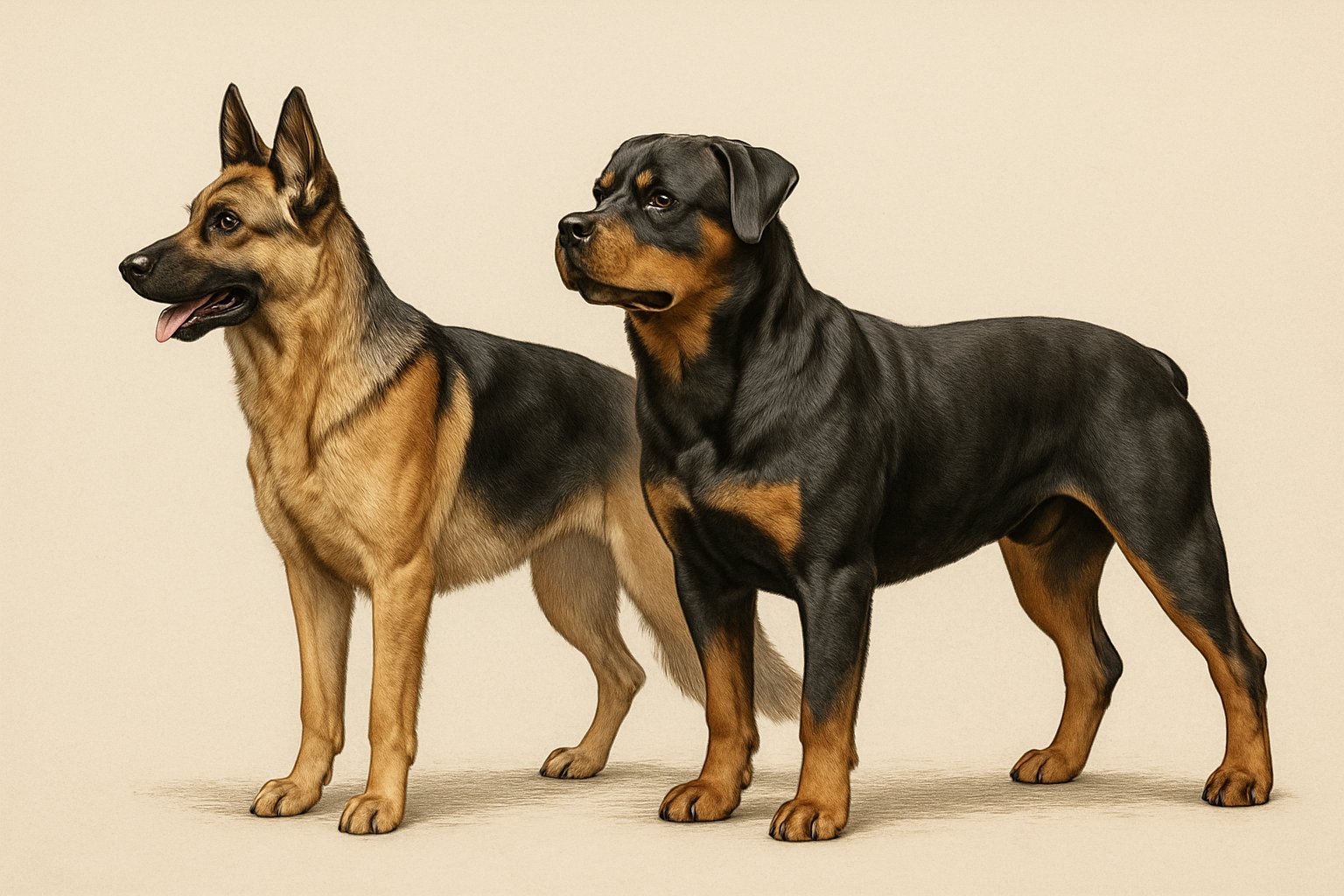 Side-by-side full-body illustration of a German Shepherd and a Rottweiler standing alert, showing their physical differences.