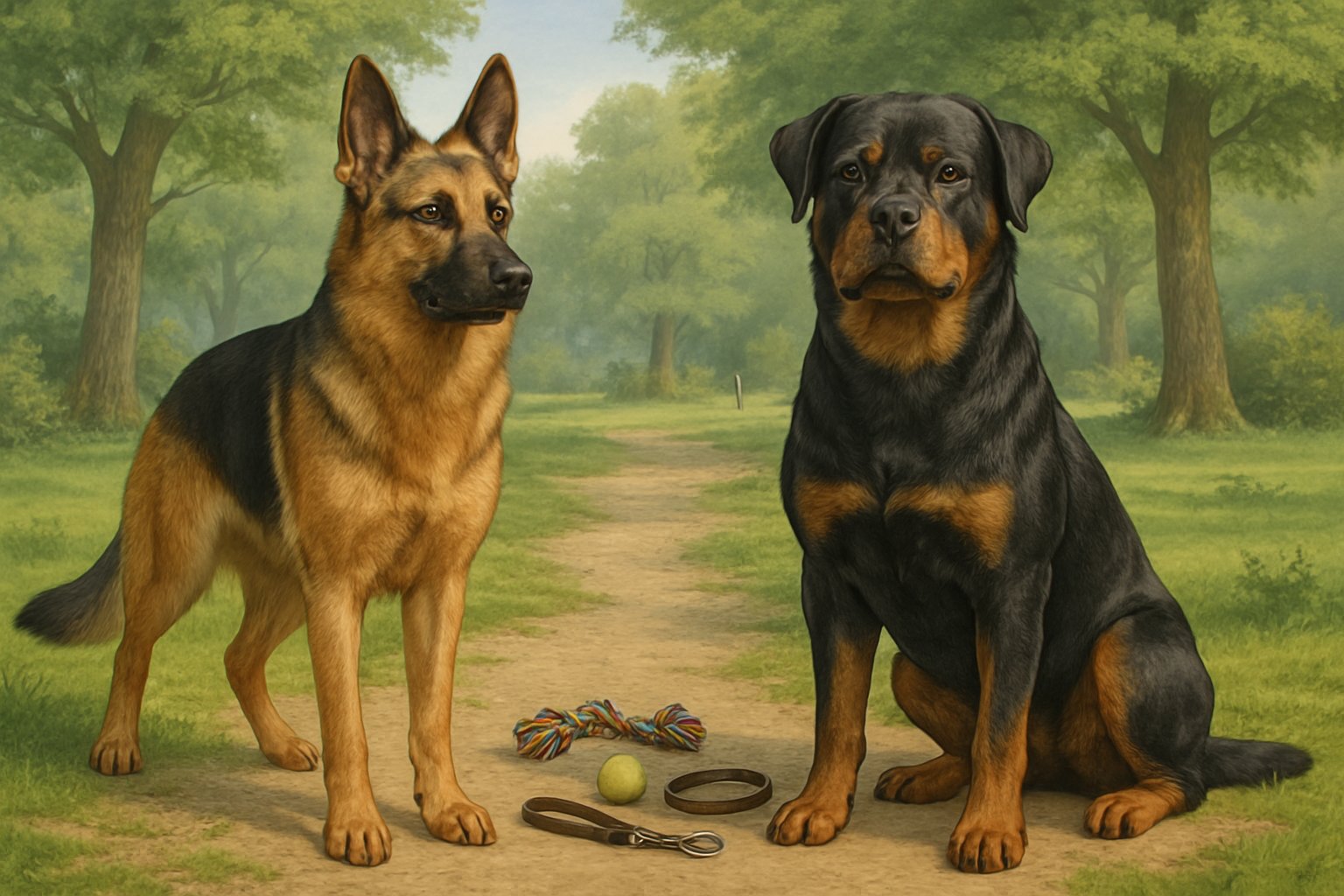 A German Shepherd and a Rottweiler side by side in a park, showing their different postures and expressions.