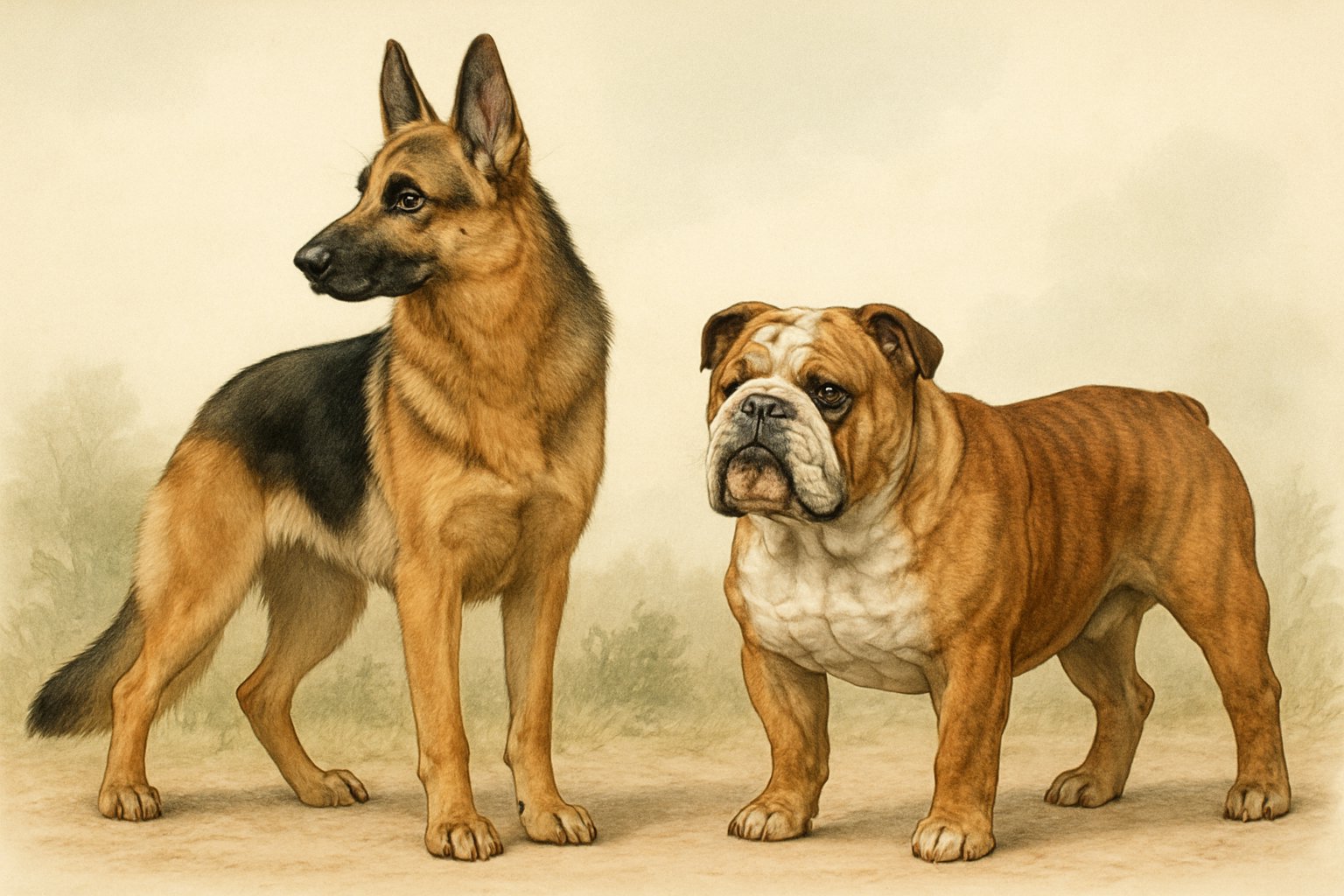 A German Shepherd and a Bulldog standing side by side outdoors, showing their distinct physical features and body shapes.
