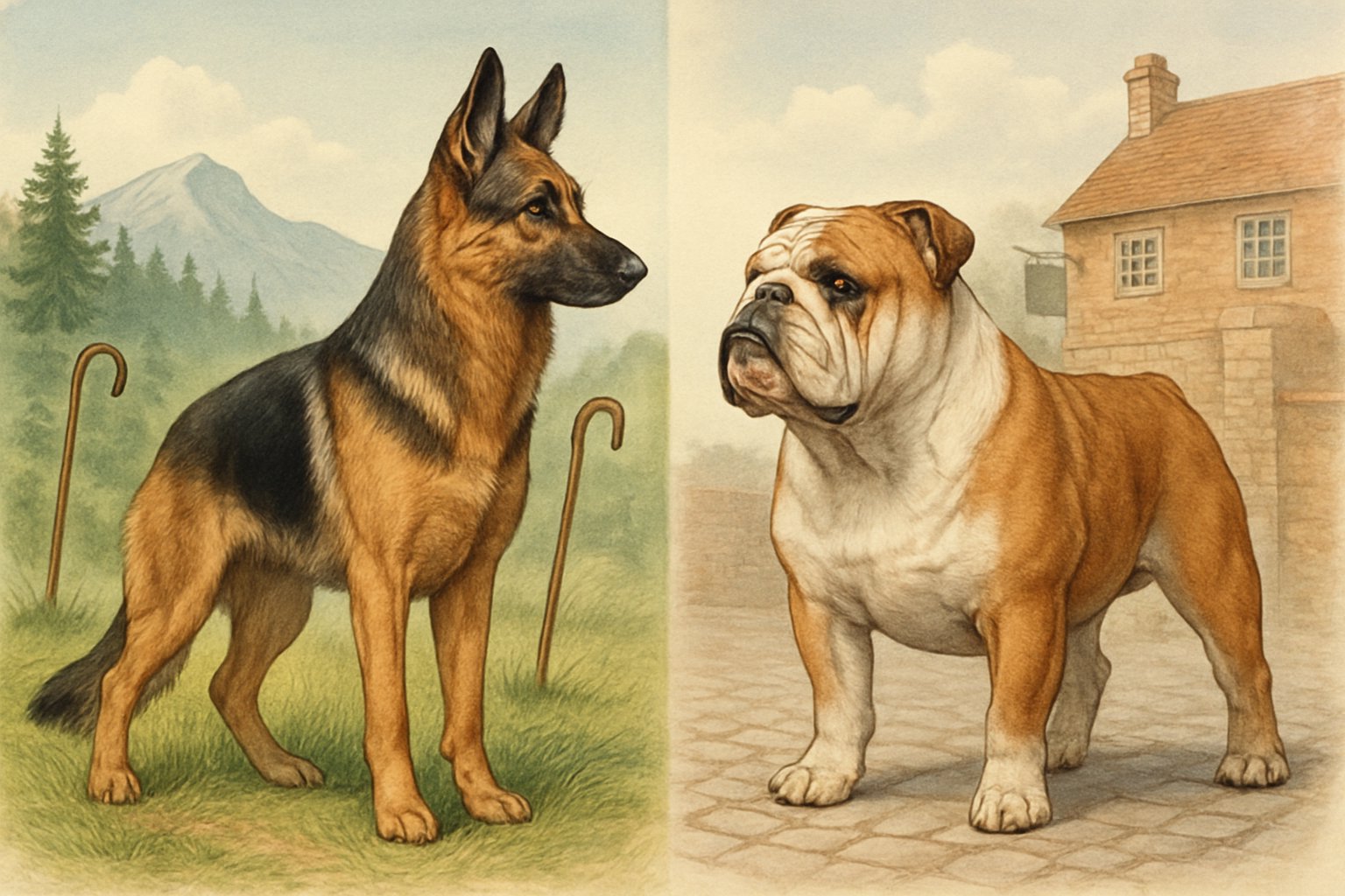 Two dogs, a German Shepherd and a Bulldog, facing each other outdoors with backgrounds representing their breed origins.