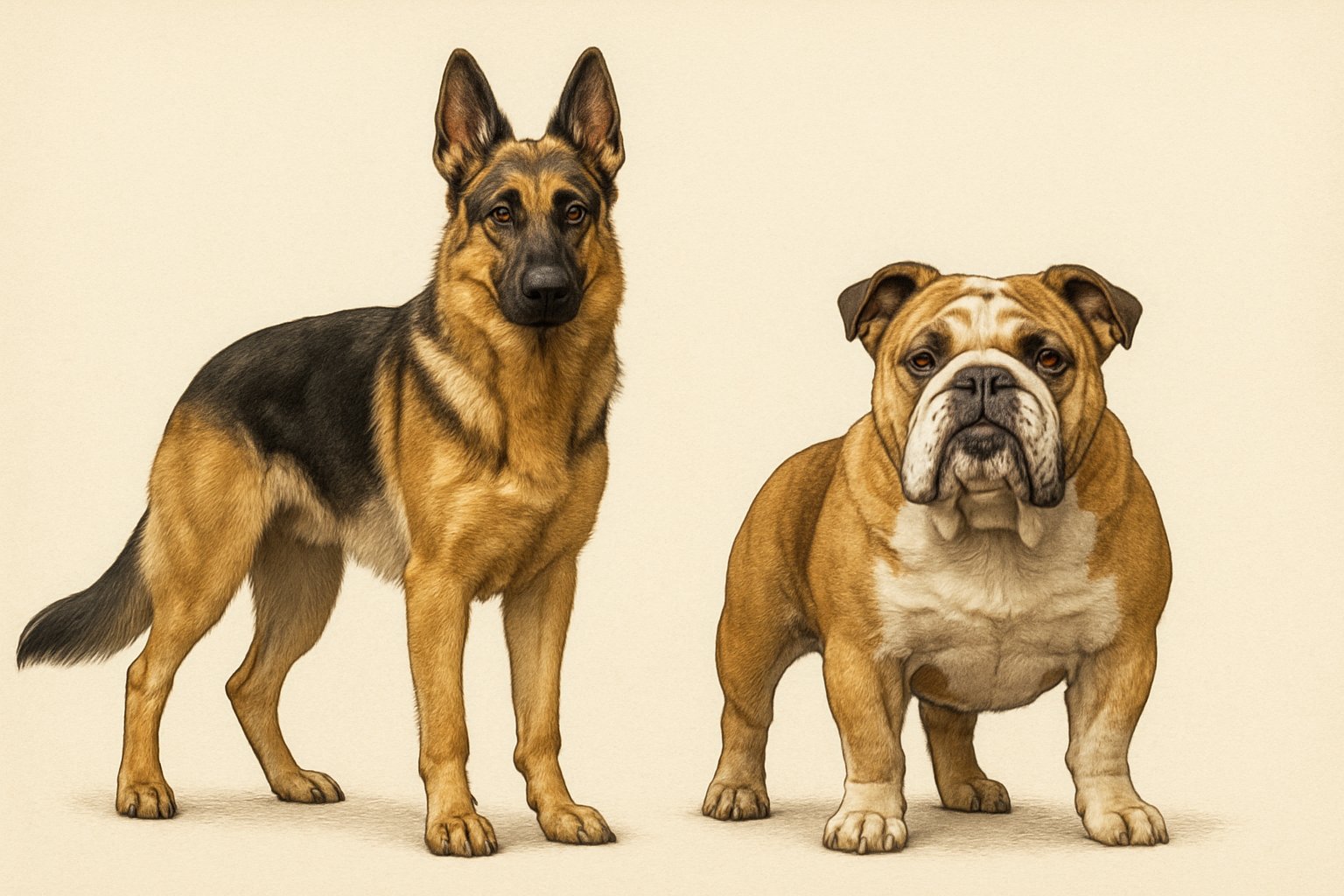 A side-by-side view of a German Shepherd and a Bulldog standing next to each other, showing their different body shapes and features.