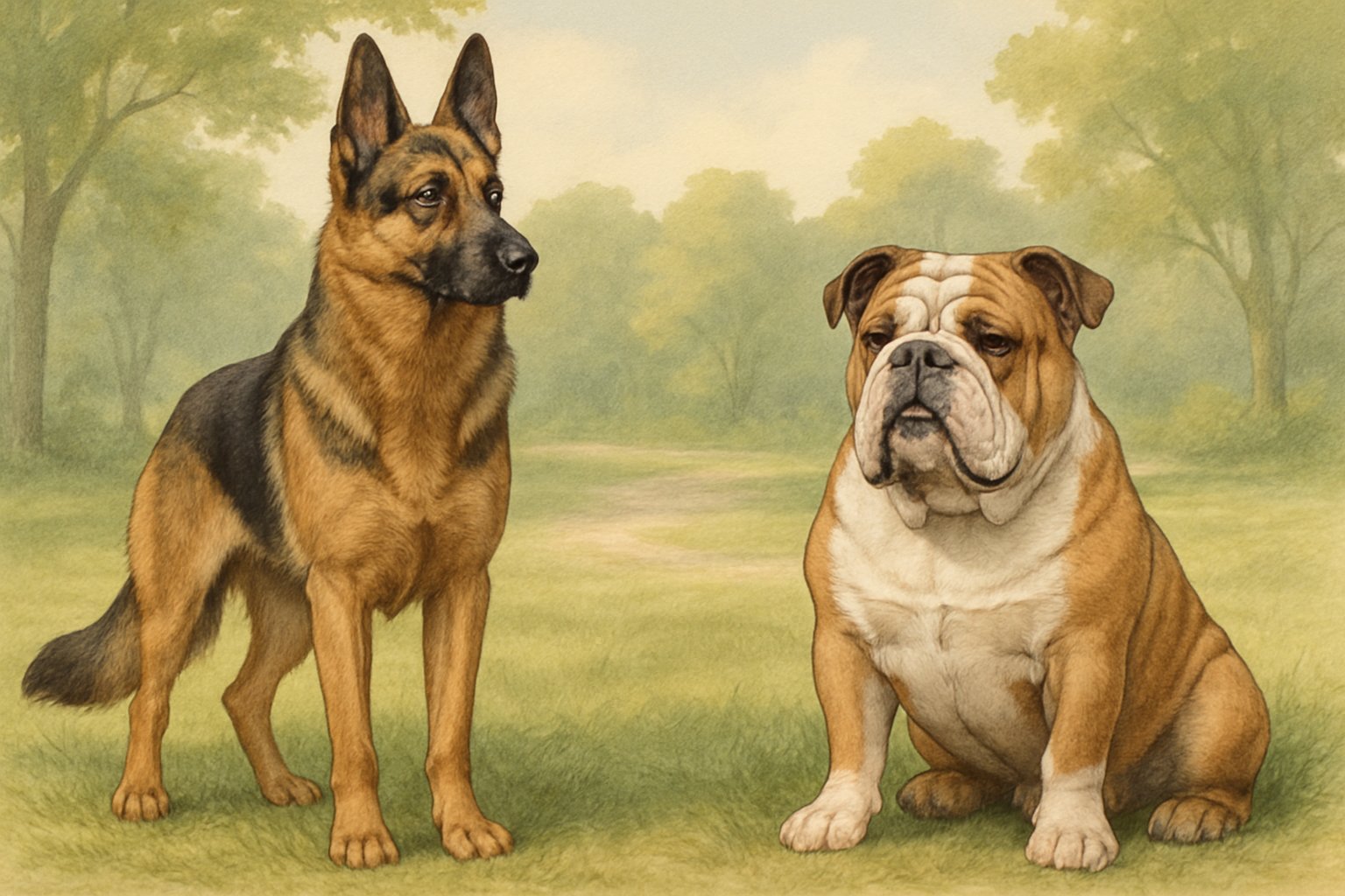 A German Shepherd standing alert next to a Bulldog sitting calmly in a park setting.