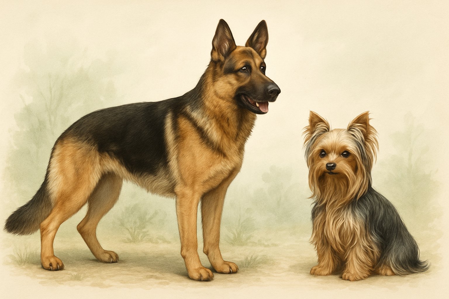 A German Shepherd and a Yorkshire Terrier side by side outdoors, showing their size and breed differences.