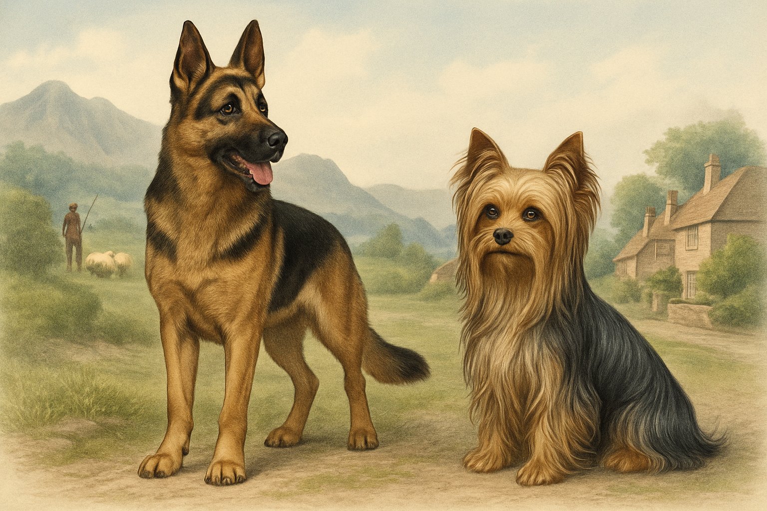 A German Shepherd and a Yorkshire Terrier are shown side by side outdoors, with a mountainous landscape behind the German Shepherd and a village scene behind the Yorkshire Terrier.