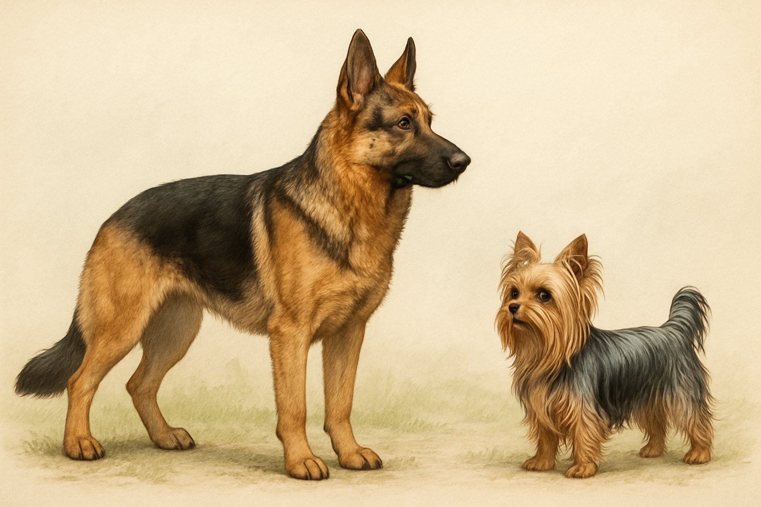 Side-by-side illustration of a German Shepherd and a Yorkshire Terrier standing outdoors, highlighting their size and physical differences.
