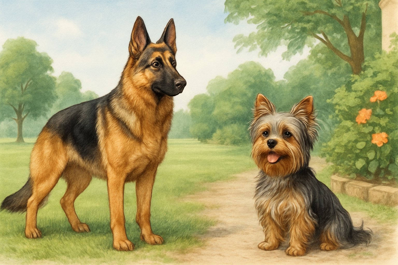 A German Shepherd and a Yorkshire Terrier shown side by side, each displaying their distinct expressions and postures in different natural environments.