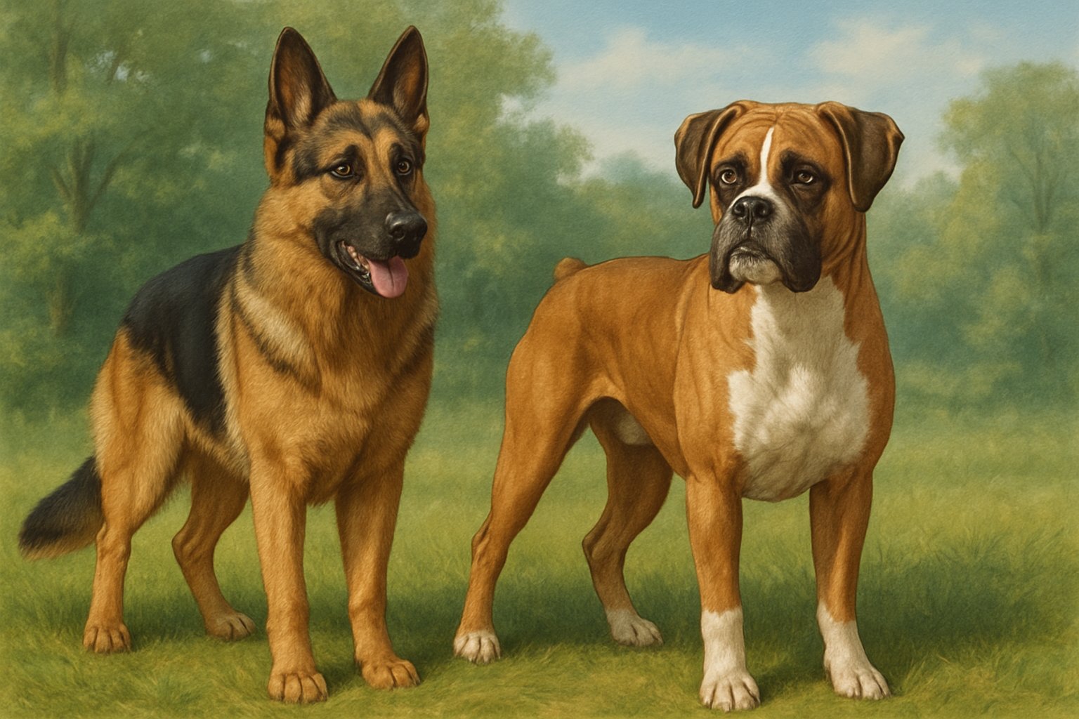 A German Shepherd and a Boxer dog standing side by side outdoors on grass with trees in the background.