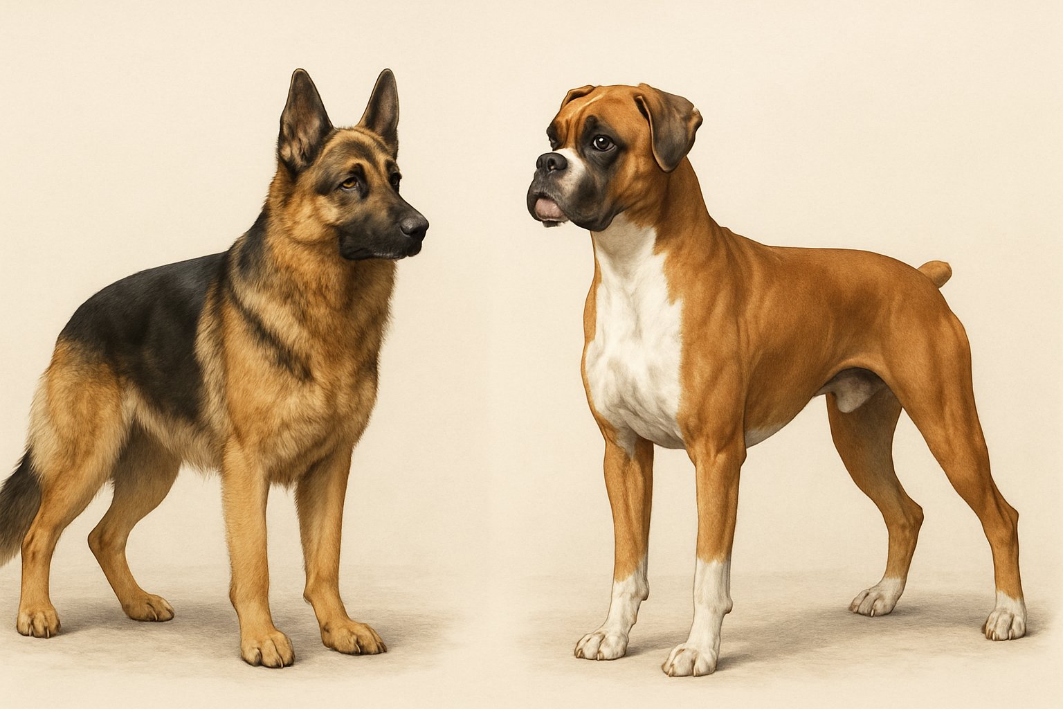 Side-by-side illustration of a German Shepherd and a Boxer dog showing their different body shapes and coat colors.