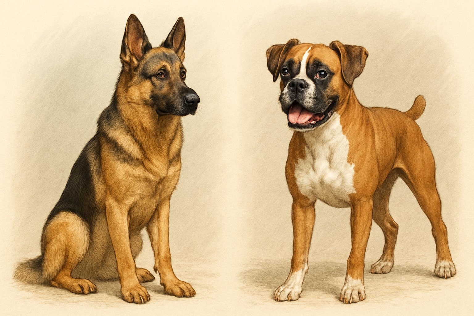 Two dogs side by side, a German Shepherd on the left looking alert and focused, and a Boxer on the right with a friendly, playful expression.