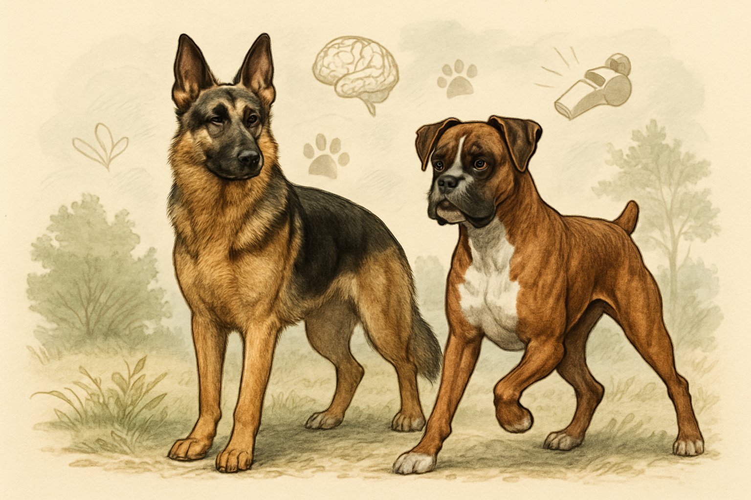 A German Shepherd and a Boxer standing side by side outdoors, both looking alert and attentive.