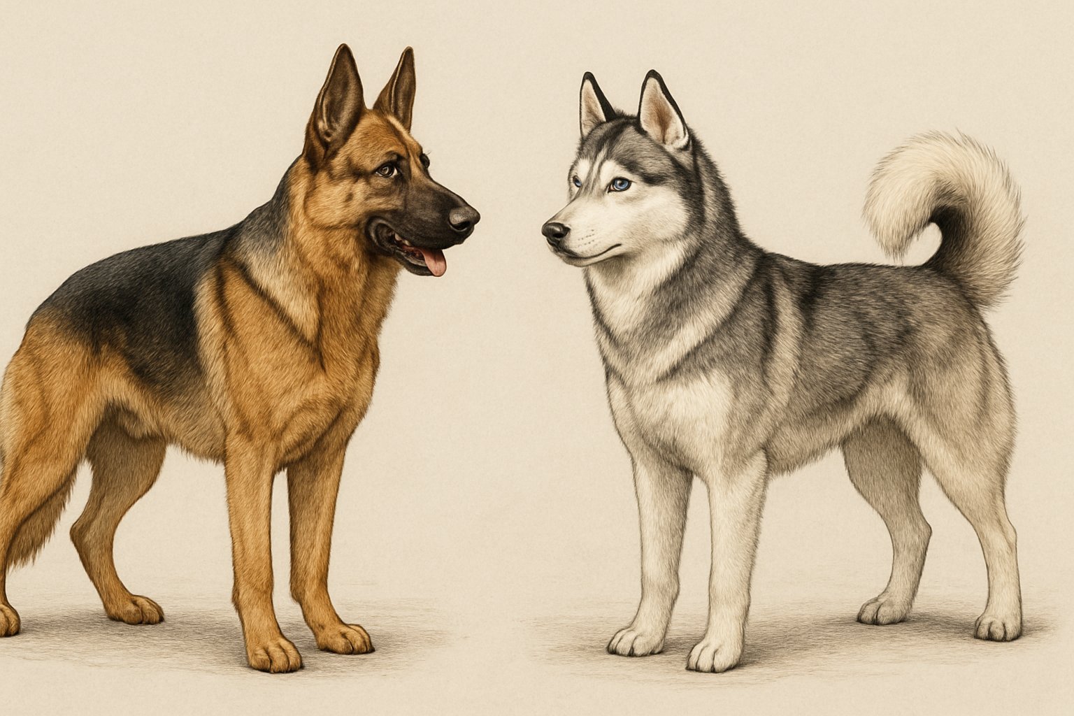 A side-by-side image of a German Shepherd and a Siberian Husky standing next to each other, showing their different sizes, coat colors, and features.