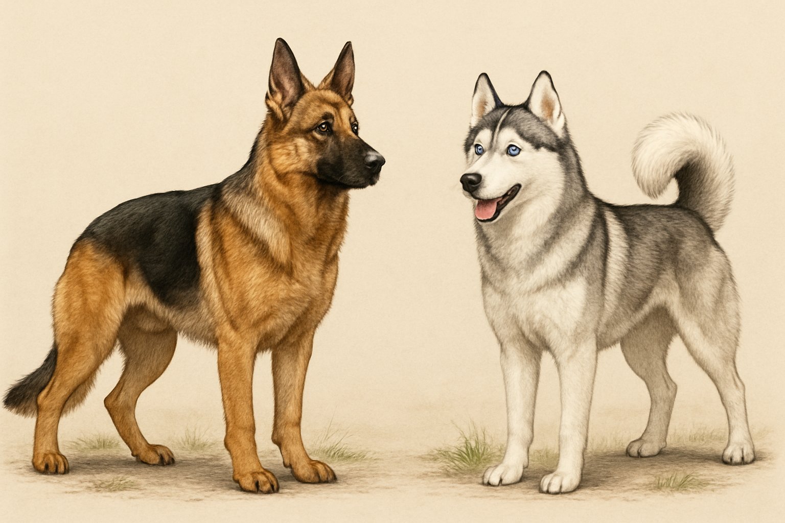 A German Shepherd and a Siberian Husky standing side by side, showing their distinct physical features and differences.