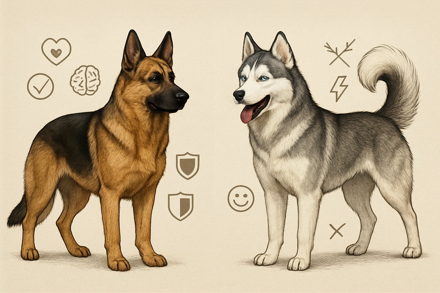 Side-by-side illustration of a German Shepherd and a Siberian Husky standing naturally, with subtle symbols around each dog representing their personality traits.