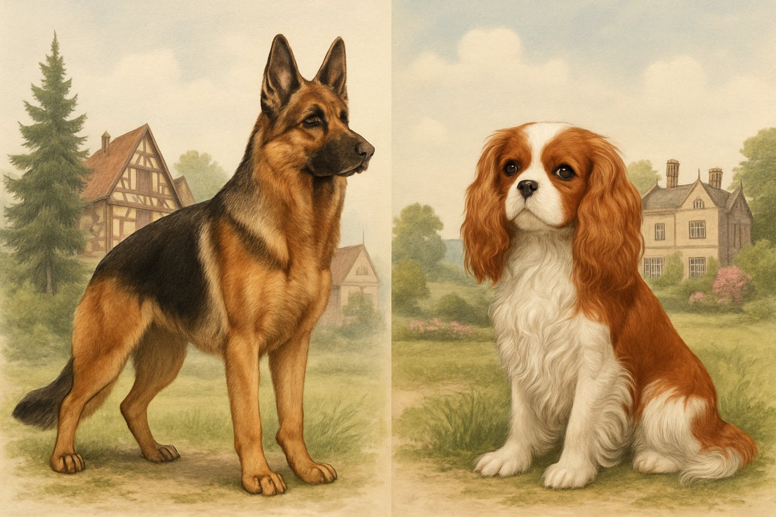 A German Shepherd standing next to a Cavalier King Charles Spaniel sitting, with a German village scene behind the shepherd and an English countryside manor behind the spaniel.