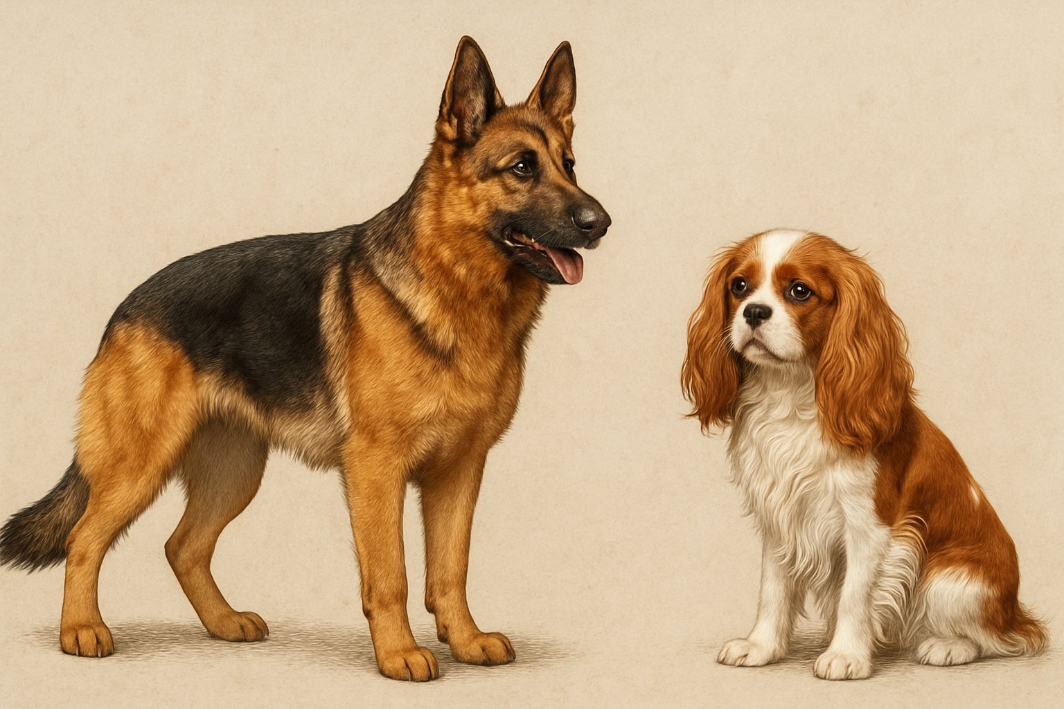 Side-by-side image of a German Shepherd and a Cavalier King Charles Spaniel showing their different sizes, coat colors, and body shapes.