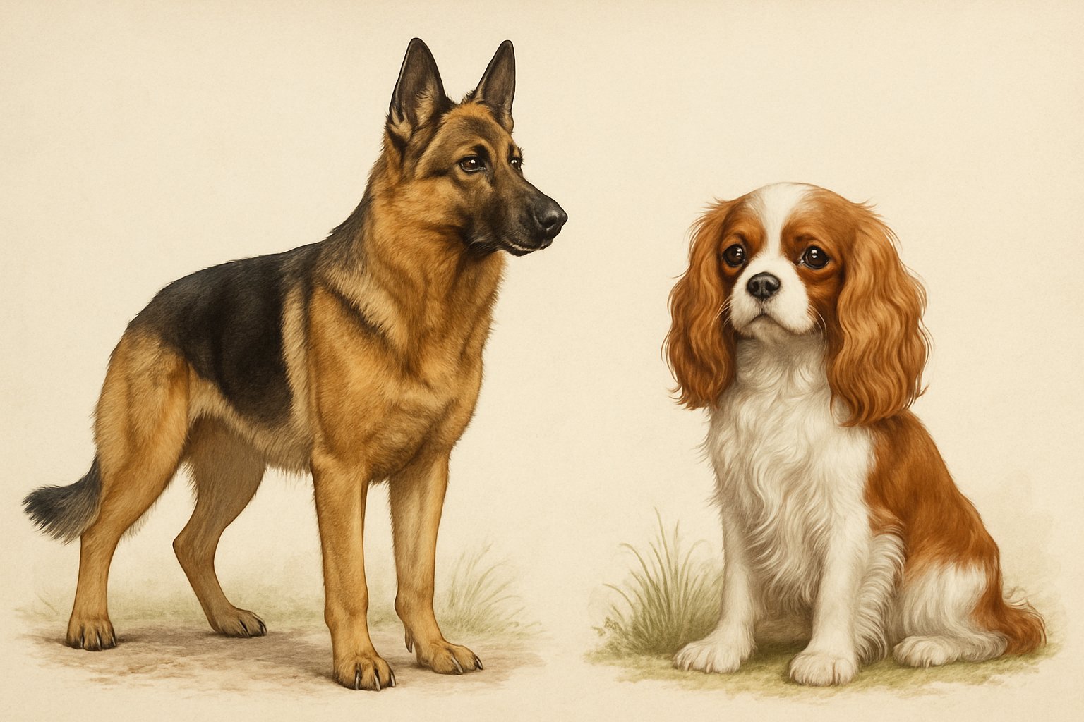 A German Shepherd standing confidently next to a sitting Cavalier King Charles Spaniel, showing their different sizes and expressions.