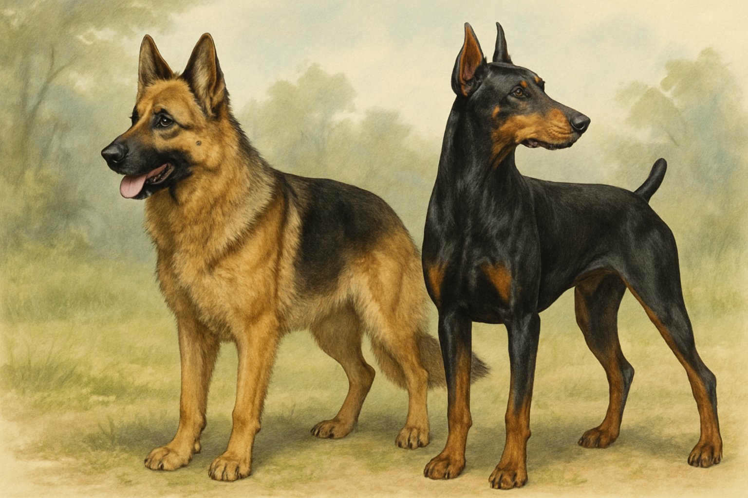 A German Shepherd and a Doberman Pinscher standing side by side outdoors, showing their distinct features.