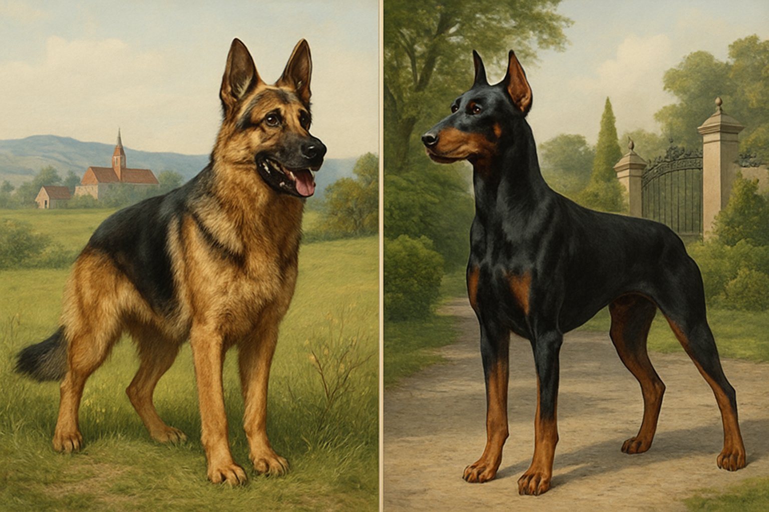 A German Shepherd and a Doberman Pinscher standing side by side outdoors with natural backgrounds reflecting their origins.