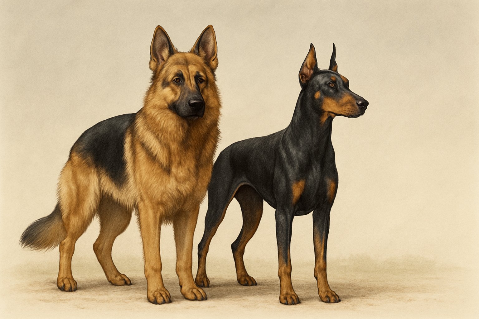 Two adult dogs, a German Shepherd and a Doberman Pinscher, standing side by side showing their size and physical differences.