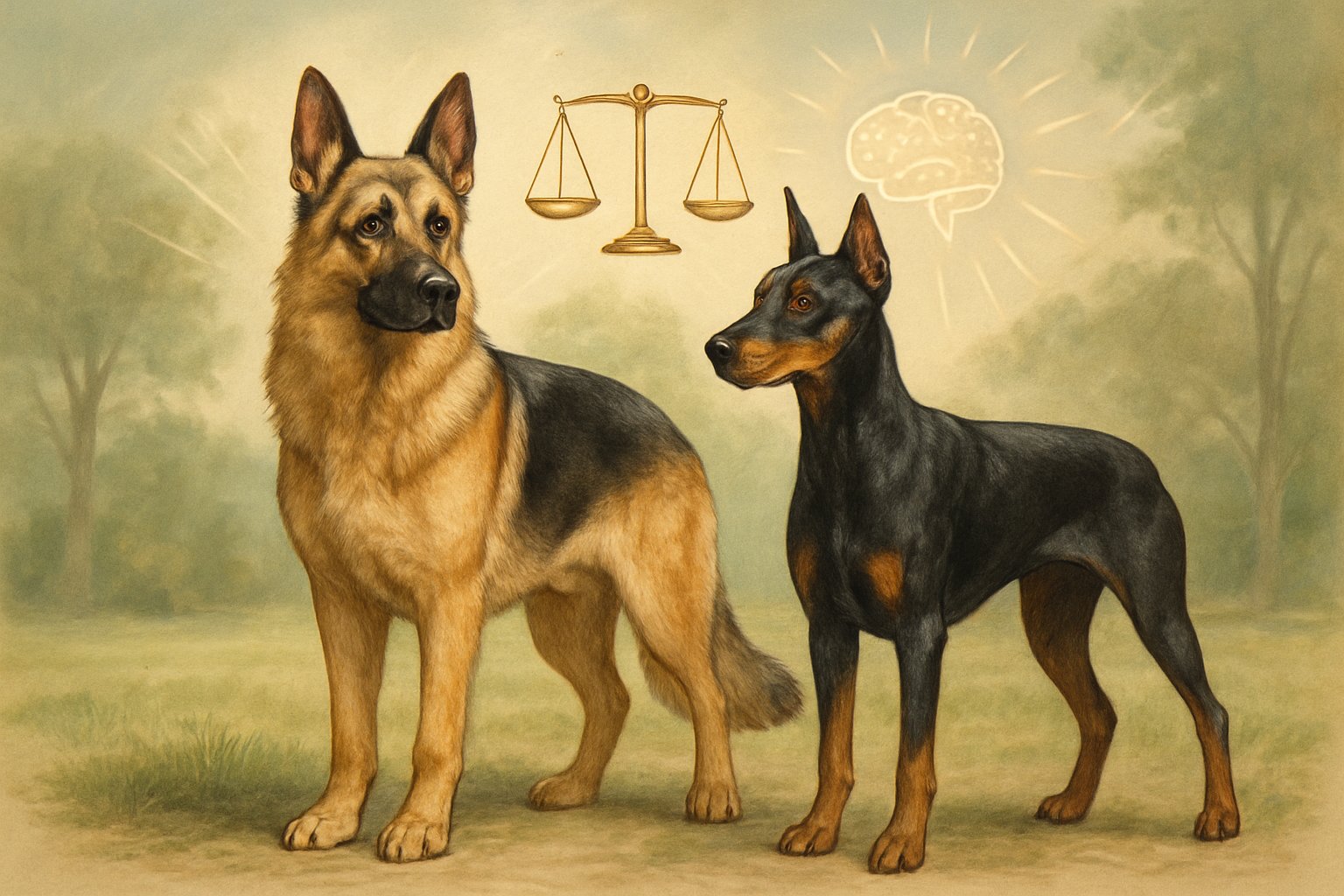 A German Shepherd and a Doberman Pinscher standing side by side outdoors, both looking alert and calm.
