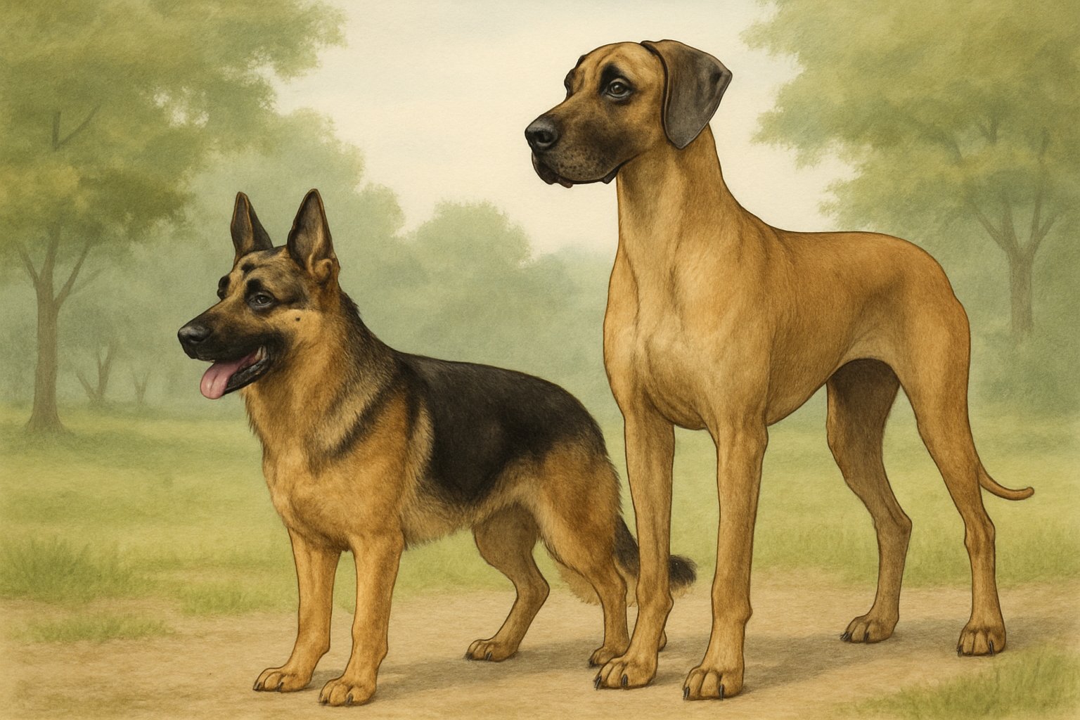 A German Shepherd and a Great Dane standing side by side outdoors, showing their size and features.