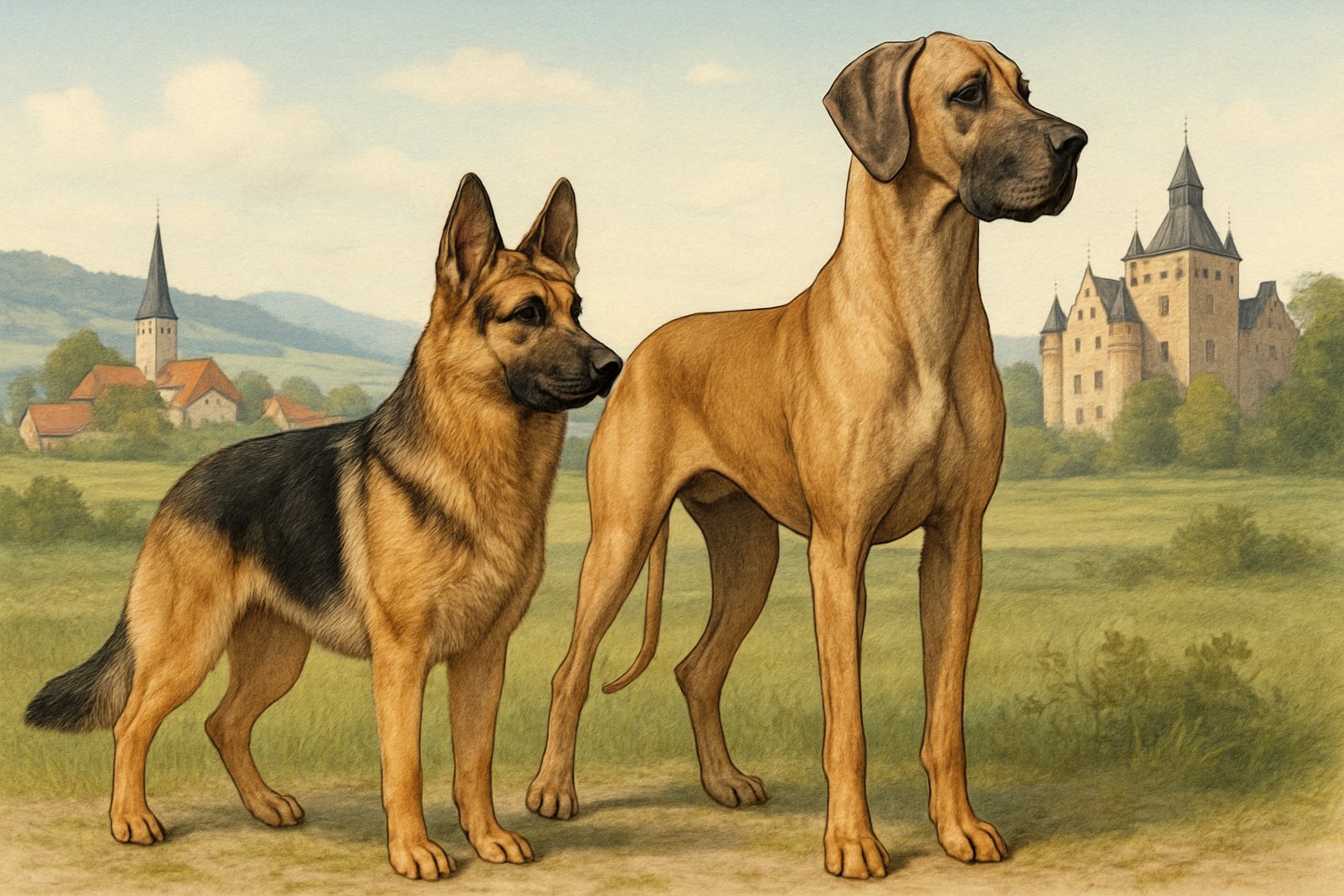 A German Shepherd and a Great Dane standing side by side outdoors, with a German countryside behind the German Shepherd and a European castle in the background behind the Great Dane.