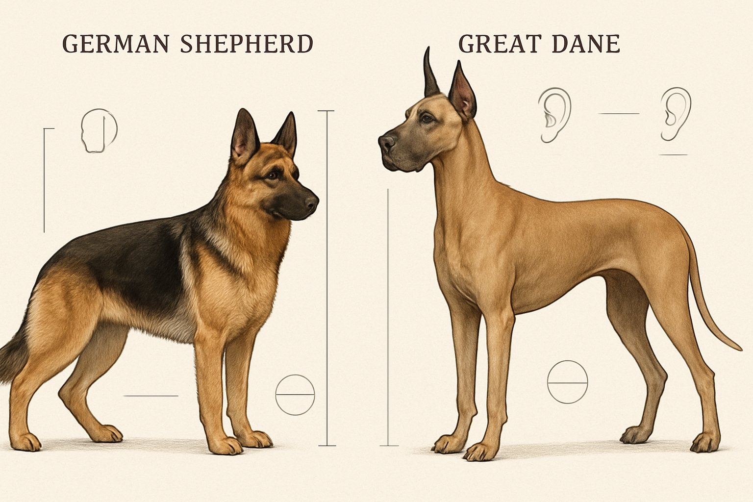 Side-by-side illustration of a German Shepherd and a Great Dane standing, showing their different sizes and physical features.