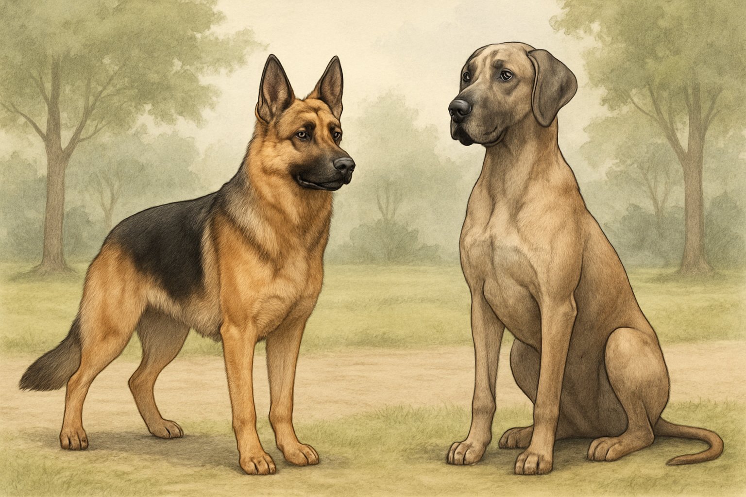 A German Shepherd standing alert next to a calm Great Dane sitting in a park.