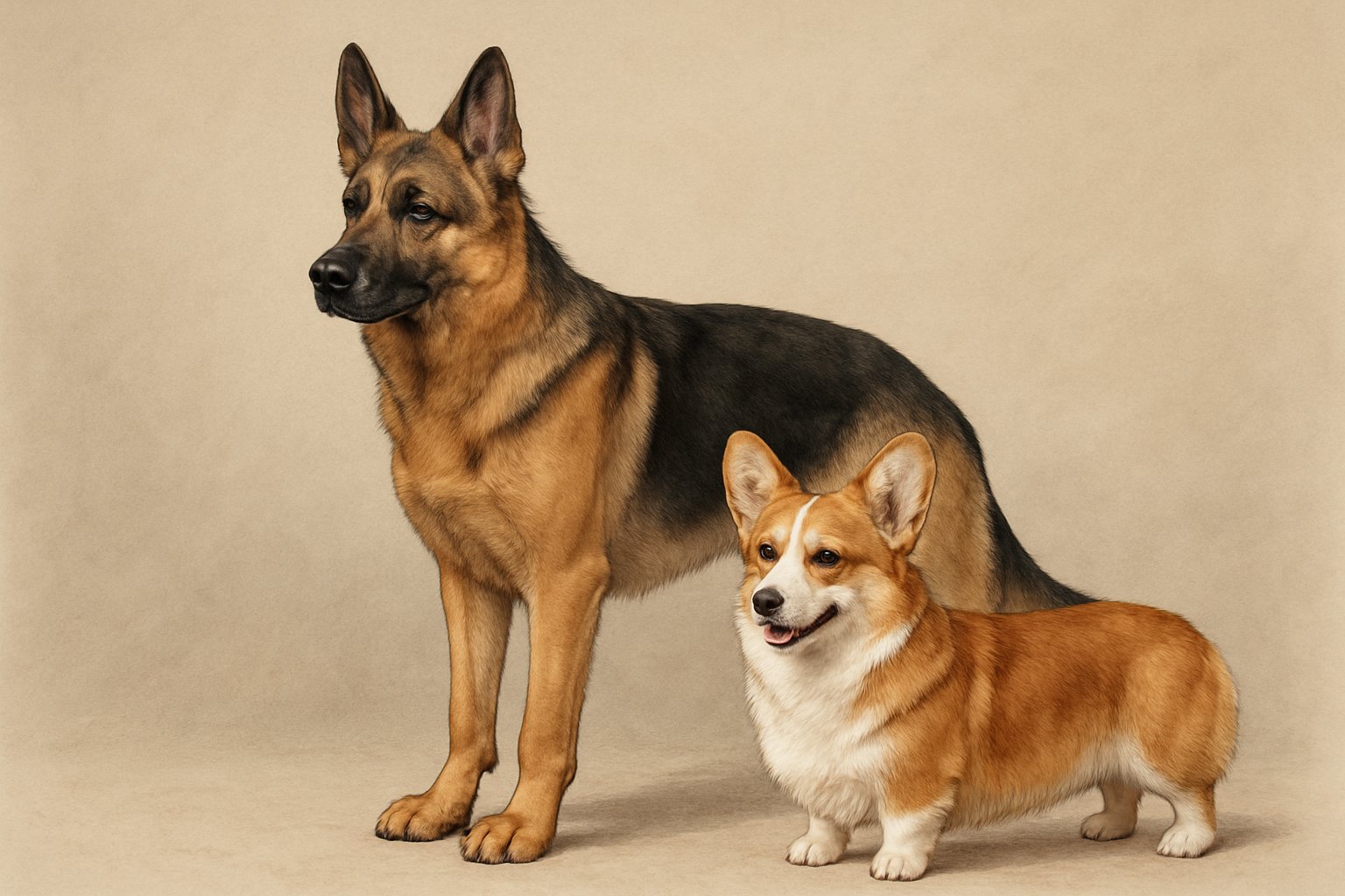 A German Shepherd and a Pembroke Welsh Corgi standing side by side, showing their size and physical differences.