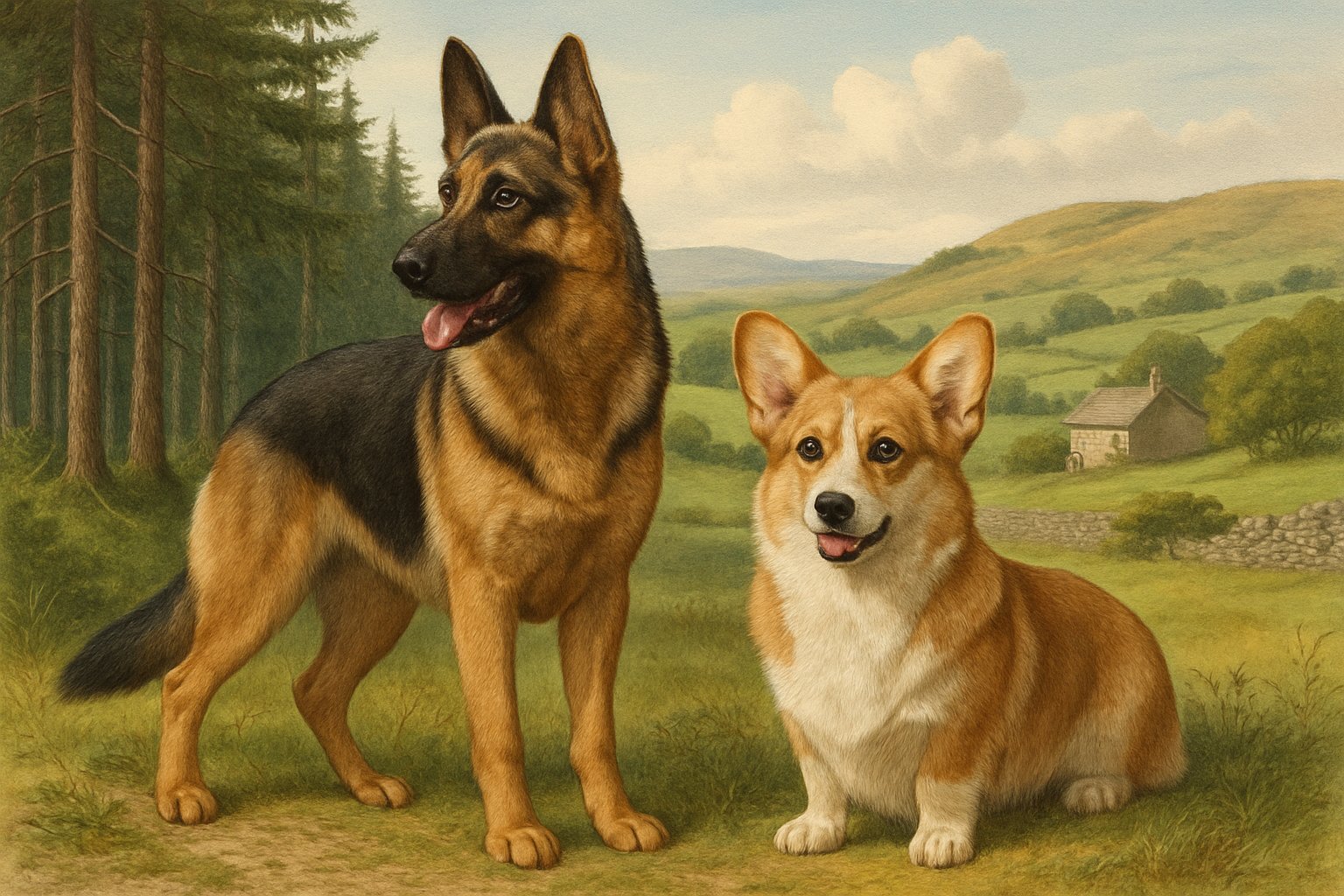 A German Shepherd and a Pembroke Welsh Corgi are shown side by side outdoors with a forest and countryside in the background.