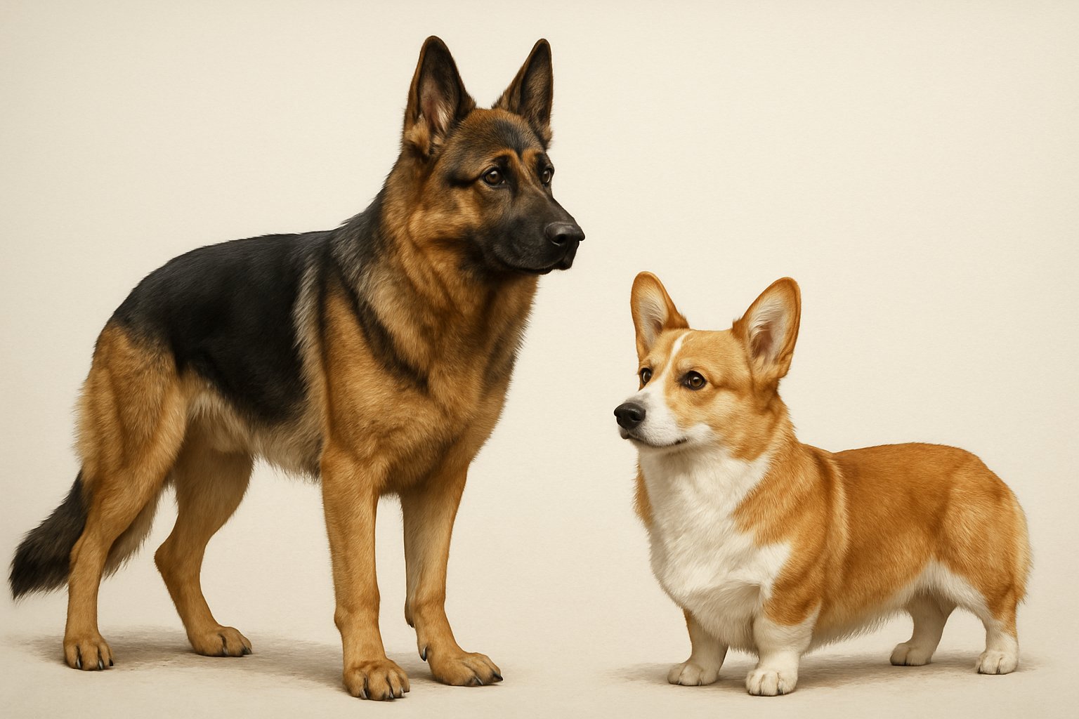 A German Shepherd and a Pembroke Welsh Corgi standing side by side, showing their size and physical differences.