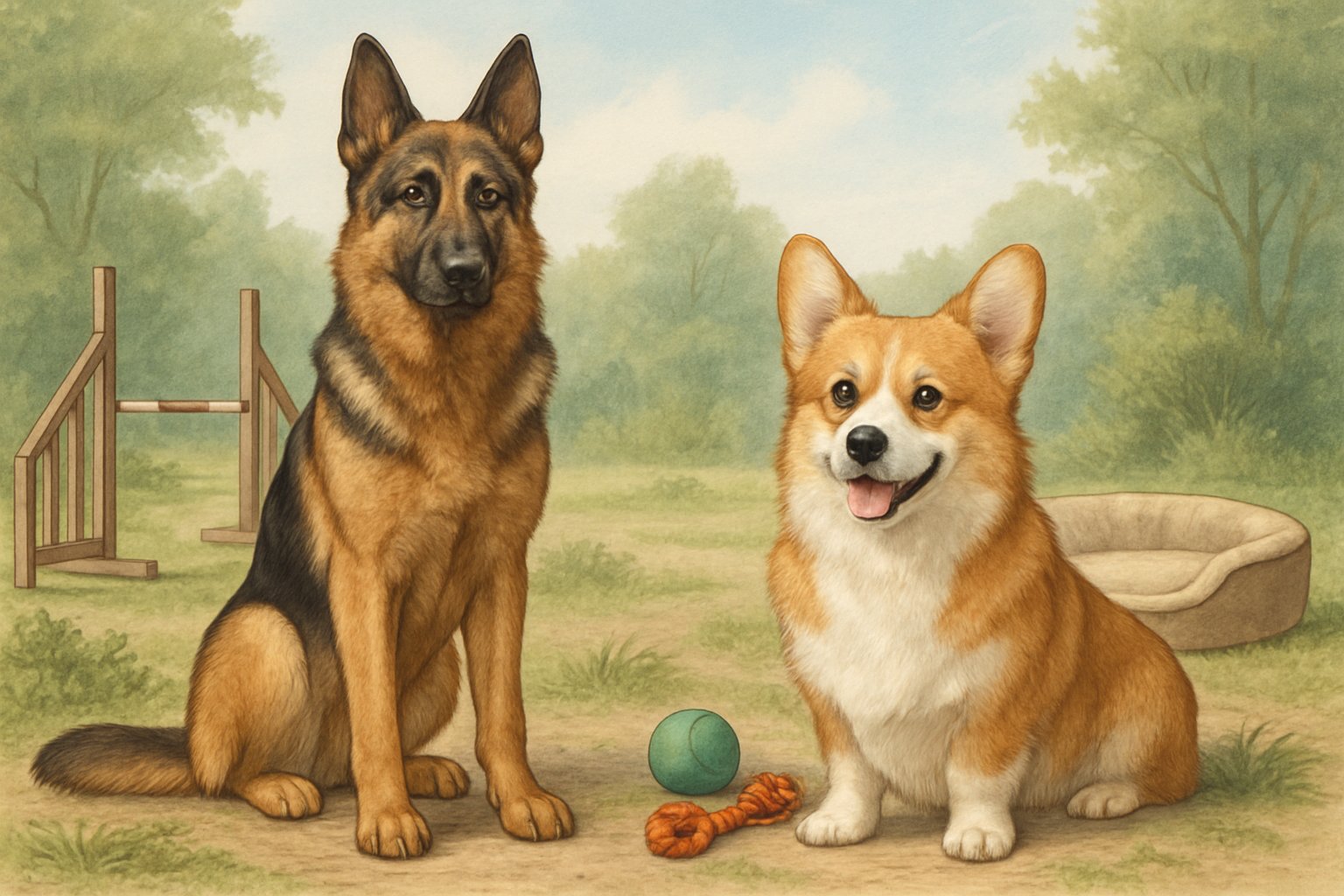 A German Shepherd and a Pembroke Welsh Corgi standing side by side outdoors, showing their different sizes and expressions.