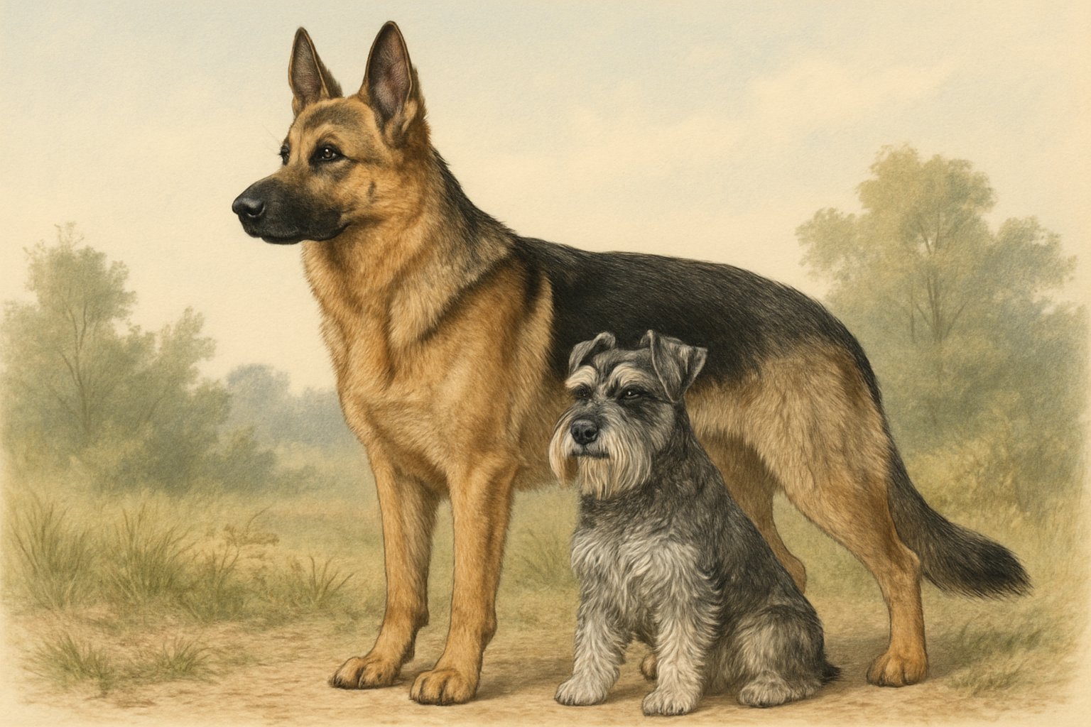 A German Shepherd standing next to a sitting Miniature Schnauzer in an outdoor setting.