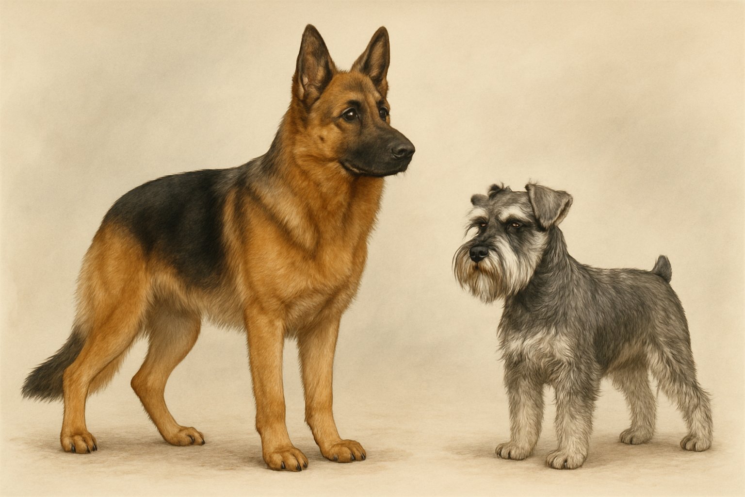 A German Shepherd and a Miniature Schnauzer standing side by side, showing their size and physical differences.
