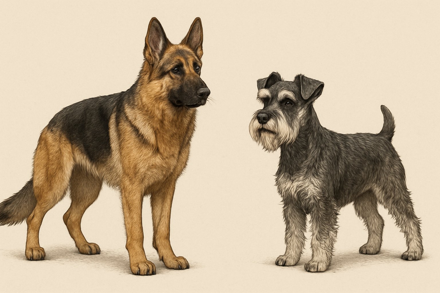 A German Shepherd and a Miniature Schnauzer standing side by side, showing their size and physical differences.