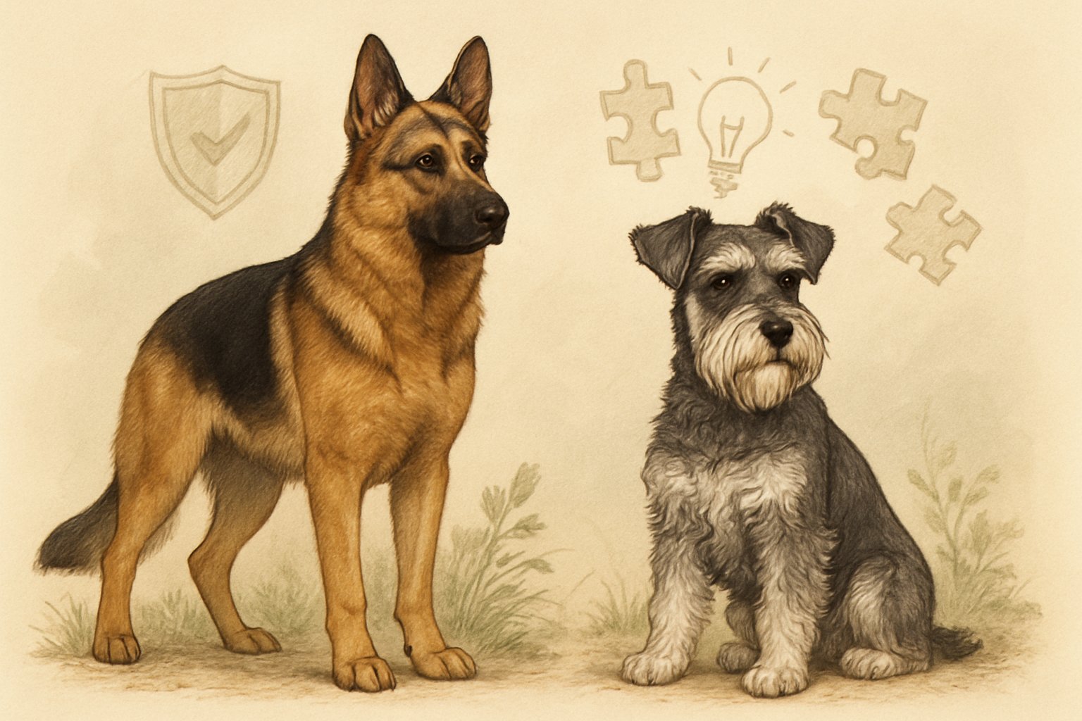 A German Shepherd and a Miniature Schnauzer are shown side by side outdoors, each displaying attentive and intelligent expressions.