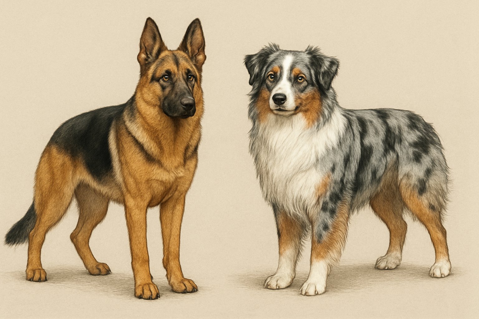 Two dogs standing side by side, a German Shepherd on the left and an Australian Shepherd on the right, showing their different sizes and coat colors.