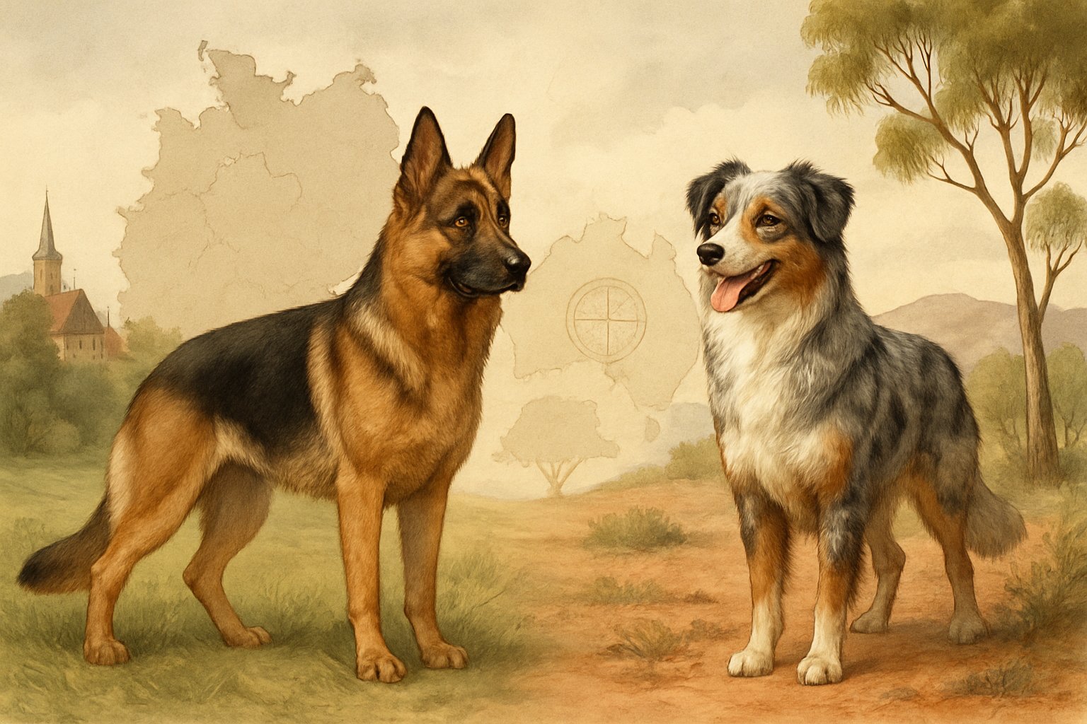 Two dogs standing side by side outdoors, a German Shepherd on the left with a European forest background and an Australian Shepherd on the right with an Australian outback landscape.