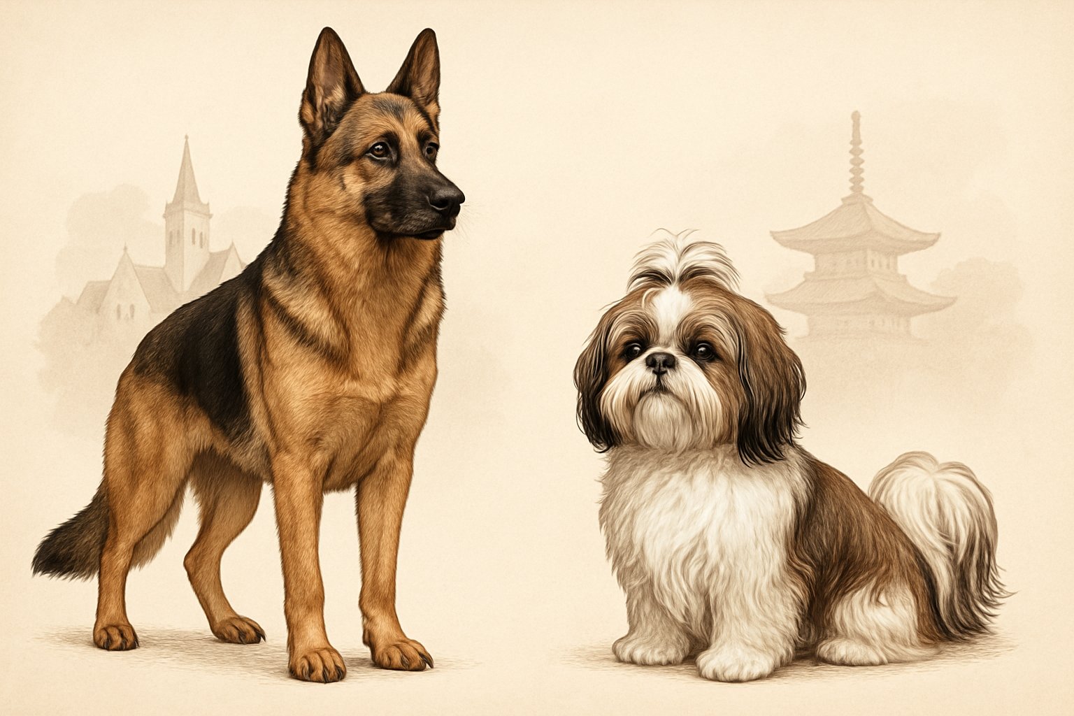 Two dogs side by side, a large German Shepherd standing and a small Shih Tzu sitting, with subtle background elements representing their origins.