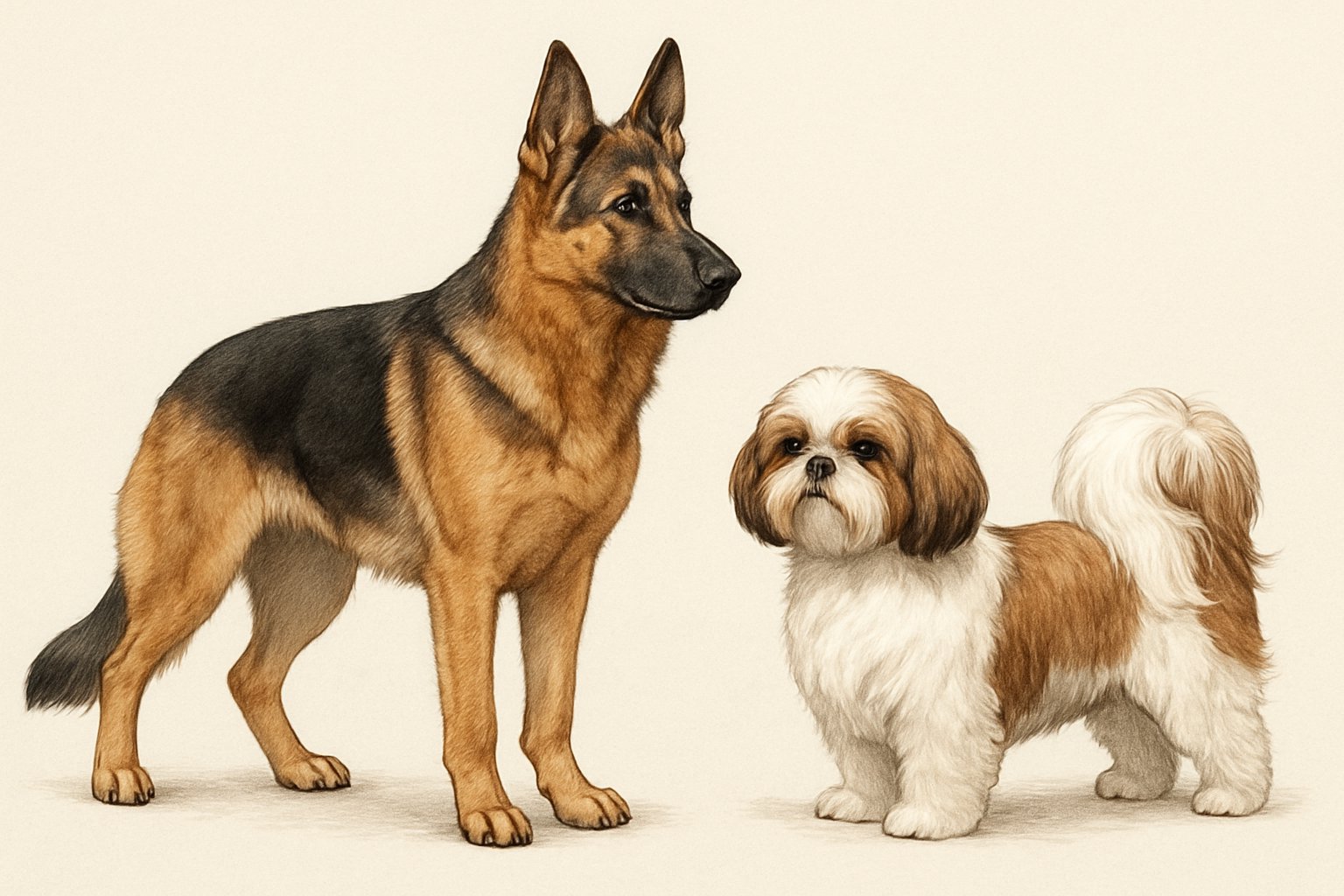 Side-by-side illustration of a large German Shepherd and a small Shih Tzu standing on a plain background, showing their different sizes and appearances.